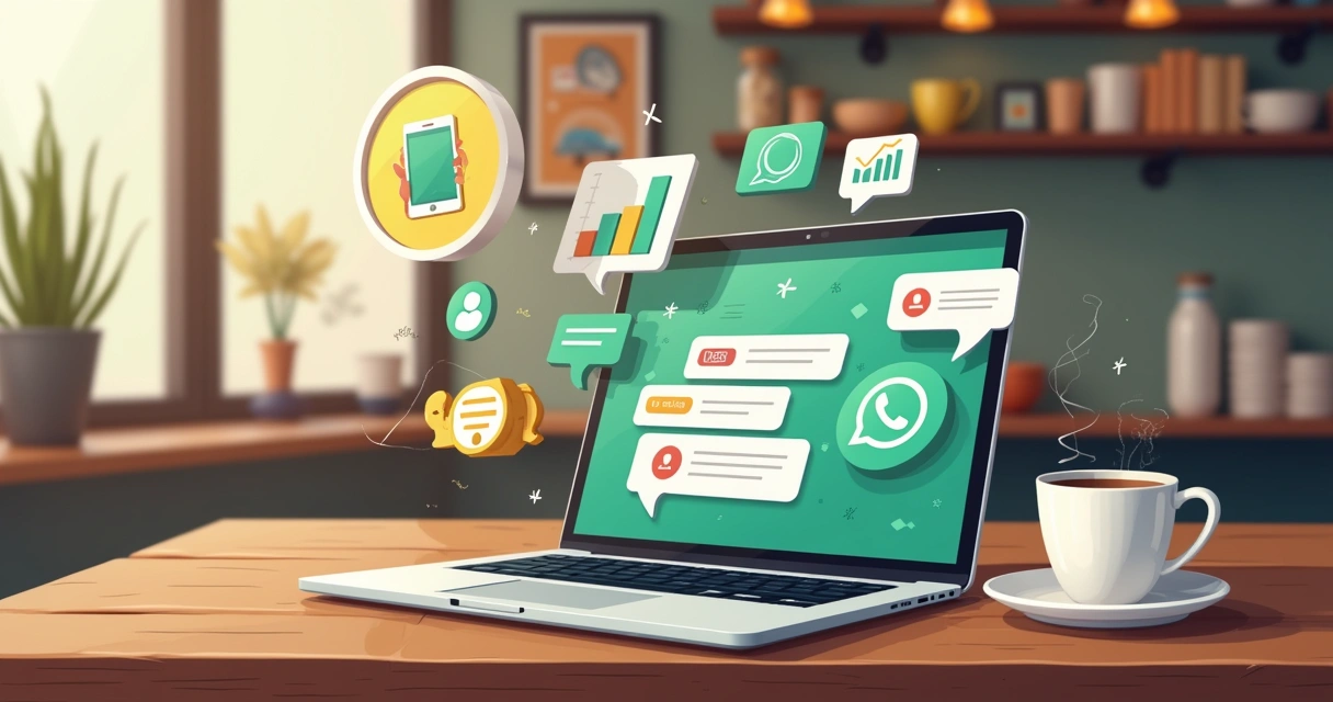 Ilustração de um laptop com WhatsApp aberto em uma mesa de madeira, cercado por imagens de produtos do catálogo digital.