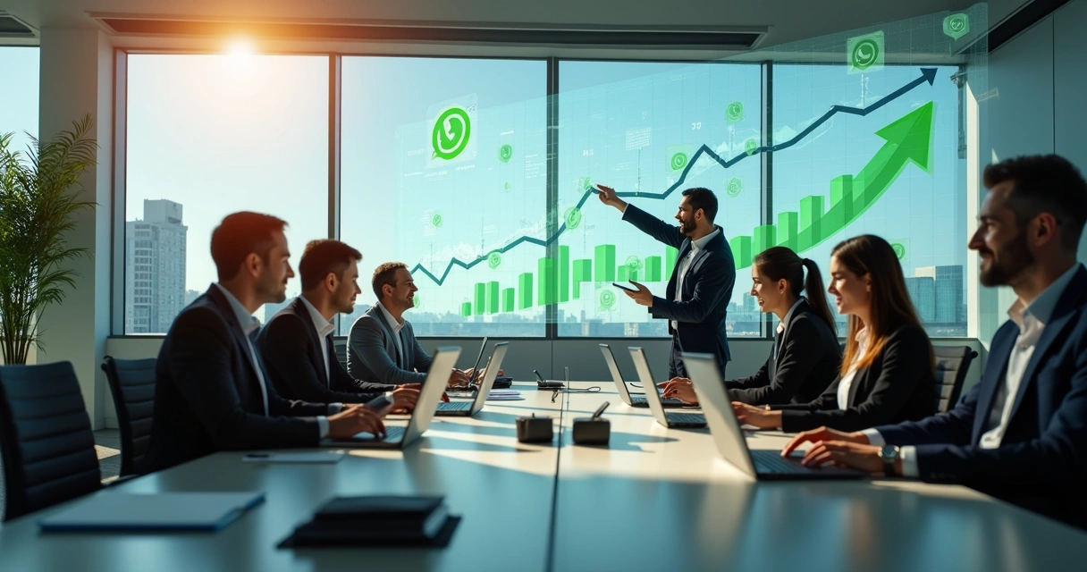 Equipe de vendas operando WhatsApp em notebooks e celulares, com gráficos de desempenho ao fundo. 