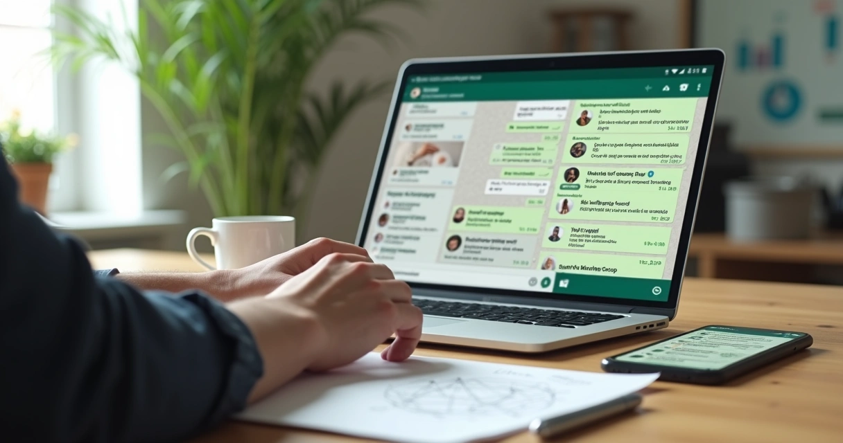 Administrador usando notebook para gerenciar vendas em grupo de WhatsApp na tela 