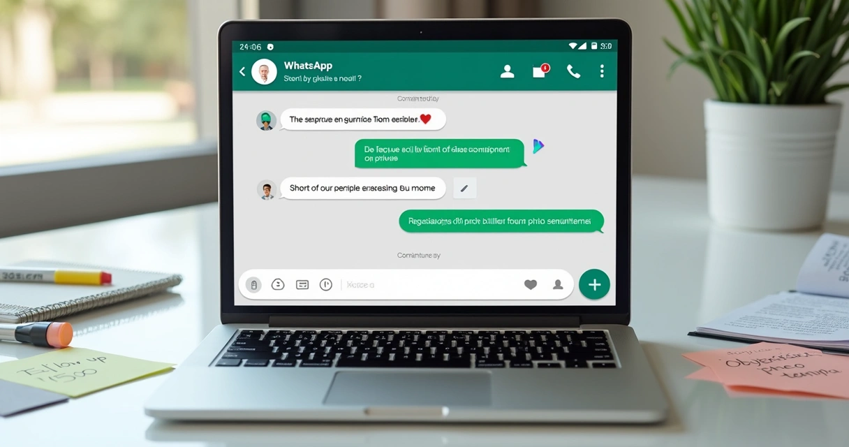 Tela de notebook com conversa de WhatsApp e notas de vendas 