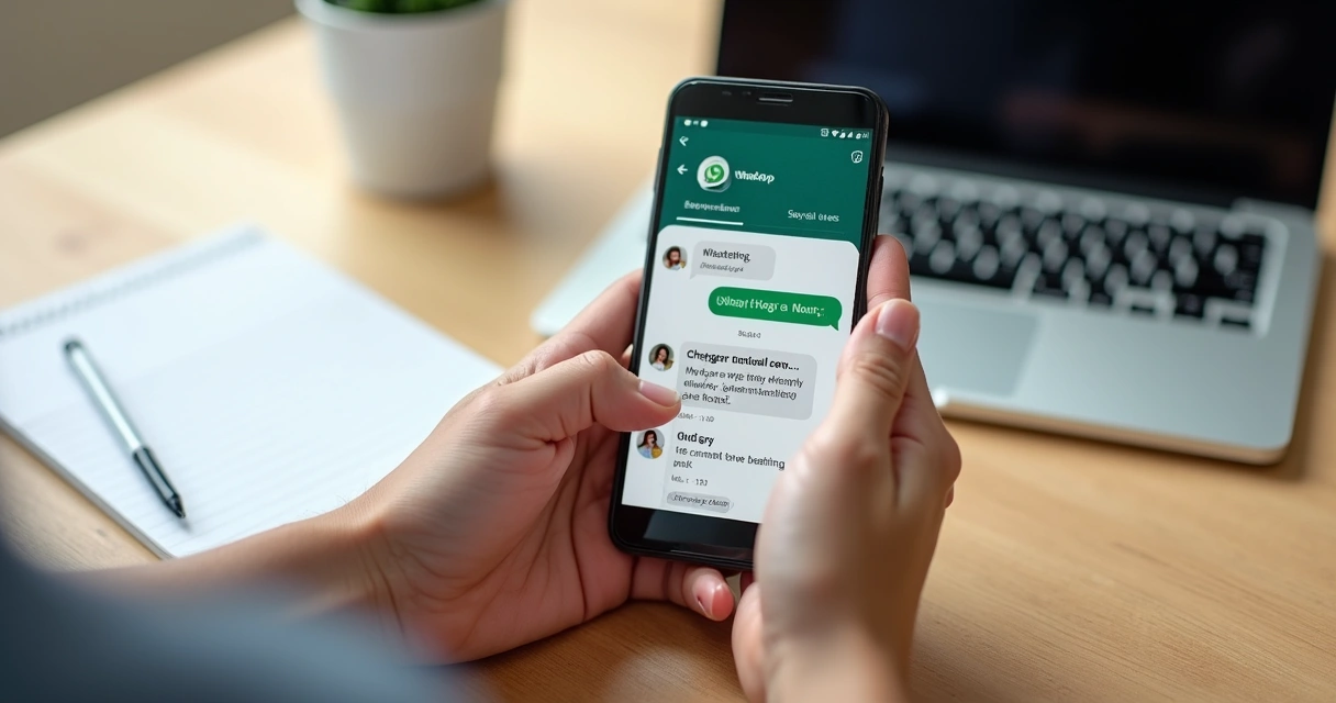Mensagem de WhatsApp de vendas sendo digitada em um smartphone sobre uma mesa de madeira clara 
