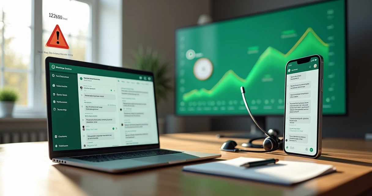 Painel com WhatsApp aberto mostrando vendas e alertas de segurança ao lado de gráfico de crescimento 
