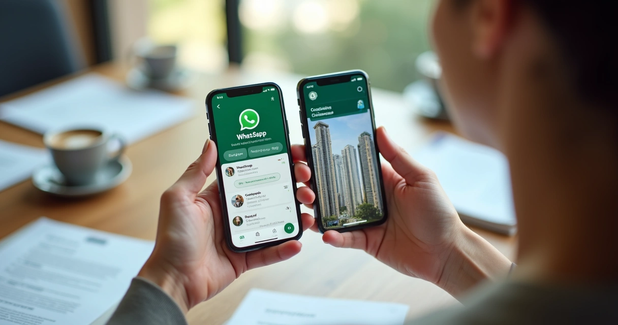 Comparação entre WhatsApp aberto em um smartphone e aplicativo de gestão de condomínio em outro smartphone sobre uma mesa de reuniões