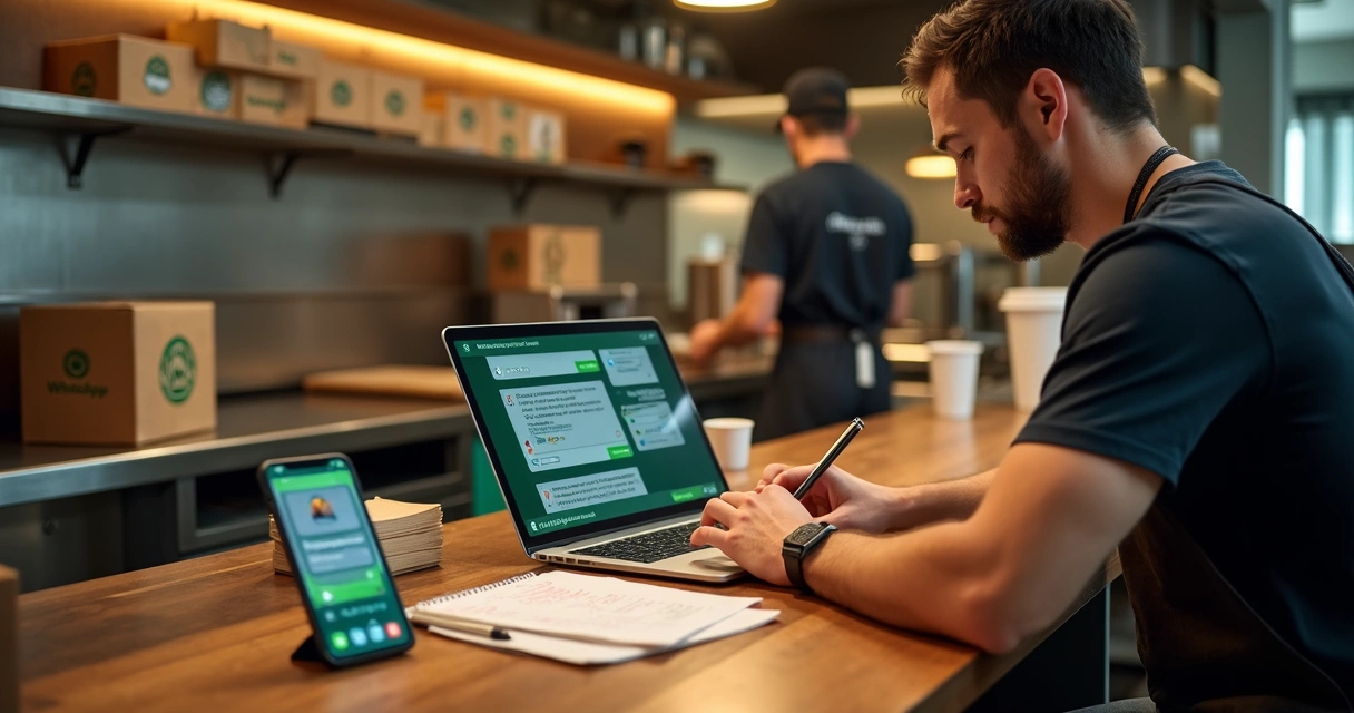 Dono de restaurante usando WhatsApp Web no notebook para gerenciar pedidos de delivery 