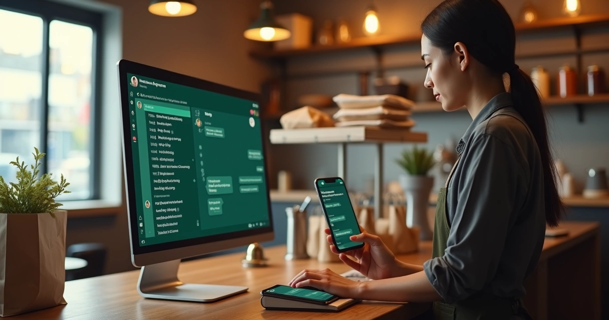 Atendente em balcão de restaurante usando computador com WhatsApp Web aberto 
