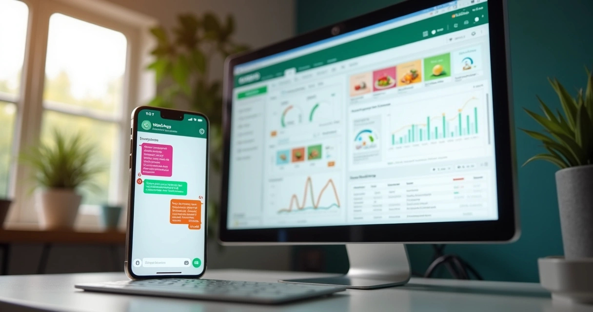 Comparação visual entre tela de WhatsApp e plataforma clínica de nutrição, ambas abertas 