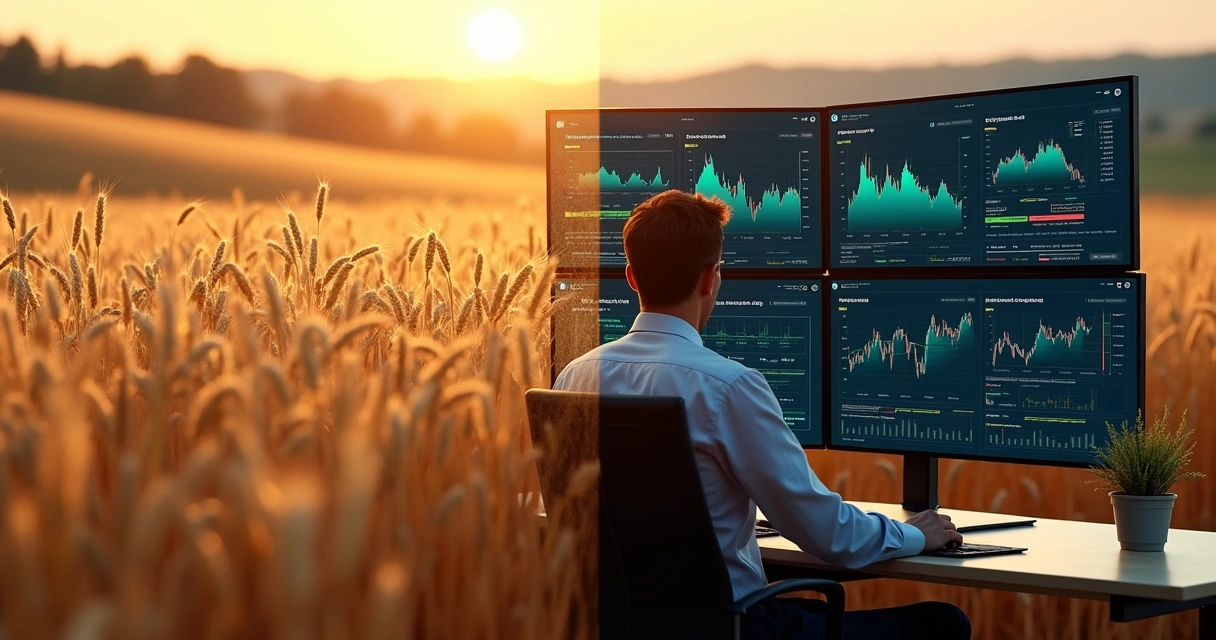Wheat field blended with trading screens illustrating digital hedging strategy 