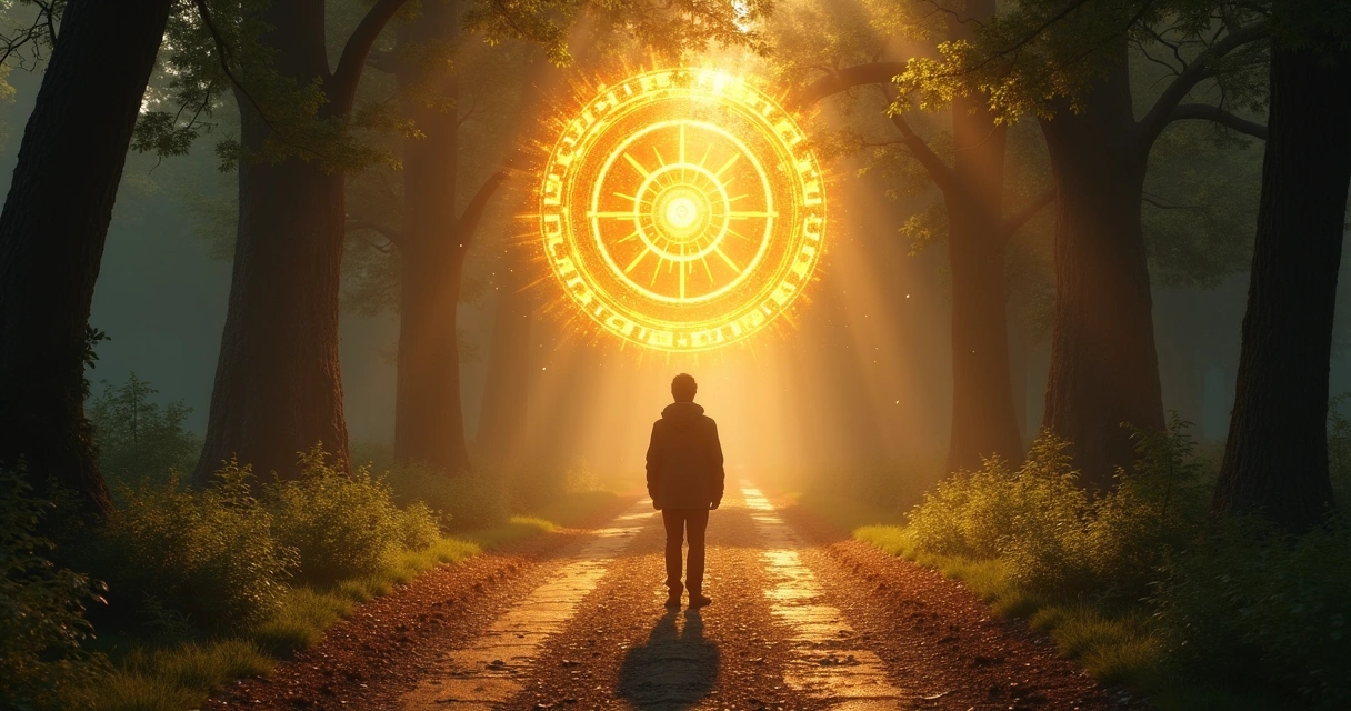 Person standing at a crossroads with a glowing wheel floating above, representing fate and choices 