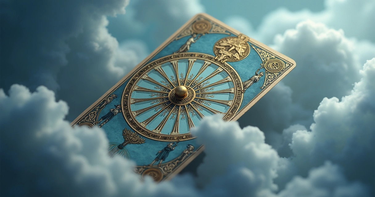 Upside-down Wheel of Fortune tarot card with darkened colors and symbols of stasis 