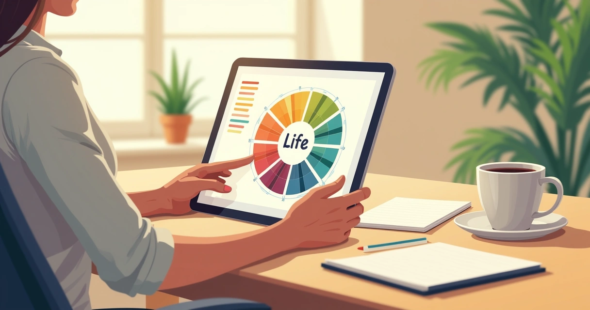 Person reviewing a colorful wheel diagram on a tablet at a desk with coffee and notebook 