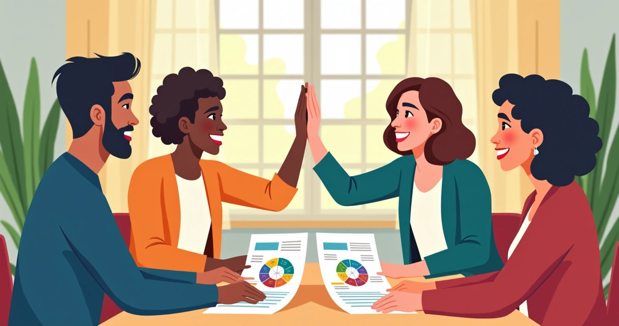 Group reviewing printed wheel of life reports with smiles and high-fives 