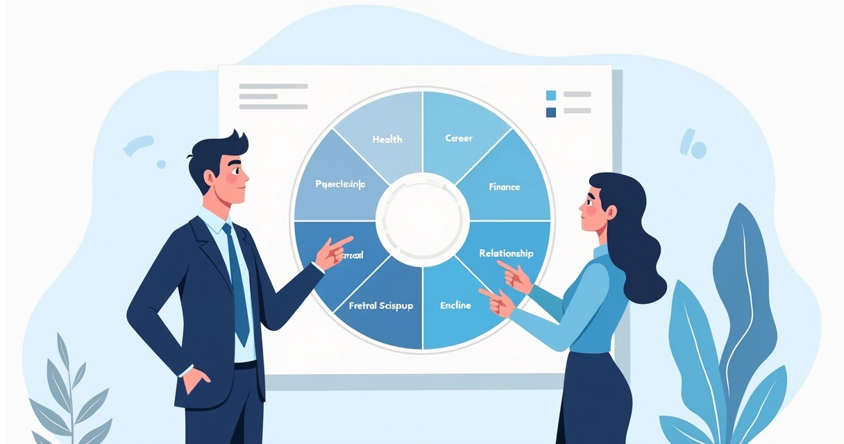 Colorful wheel of life chart with labeled life categories and different satisfaction scores 
