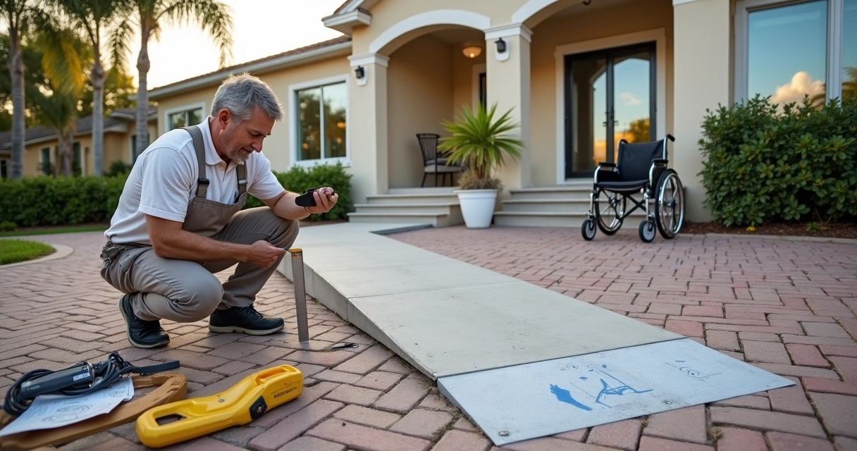 Contractor measuring outdoor concrete ramp for wheelchair access 