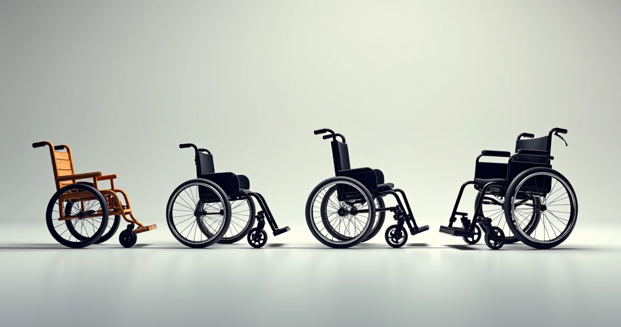 Different wheelchair models from classic to modern arranged in a row, showing their evolution 