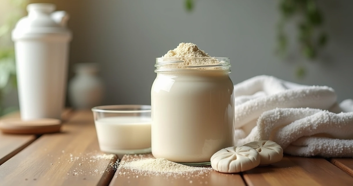 Colher com pó de whey em pote ao lado de um copo de leite 