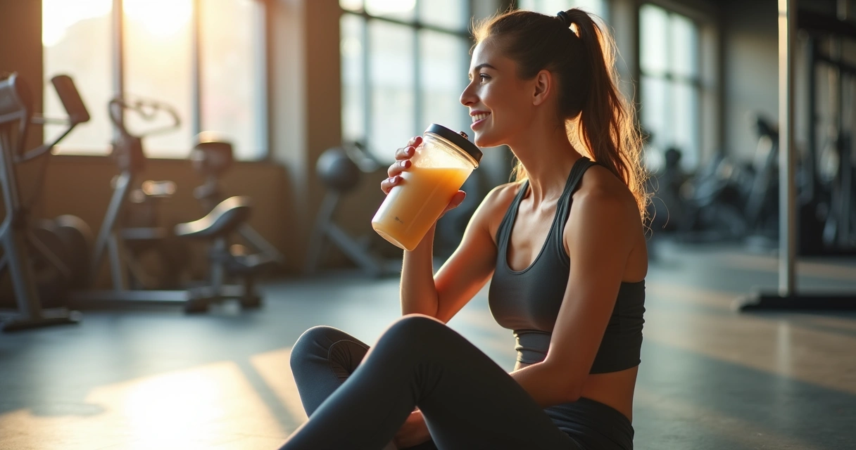 Mulher tomando shake de whey após treino de musculação 