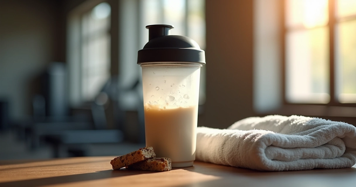 Shaker com whey protein em pó, barras de proteína ao lado e fundo de academia 