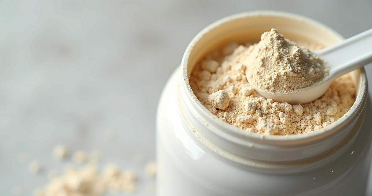 Pote de whey protein com colher medidora ao lado