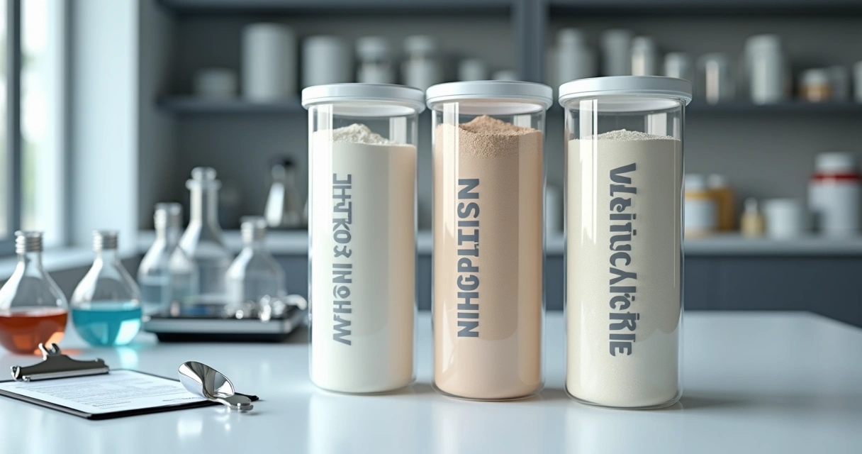 Três tipos de whey protein em tubos transparentes alinhados em bancada de laboratório 