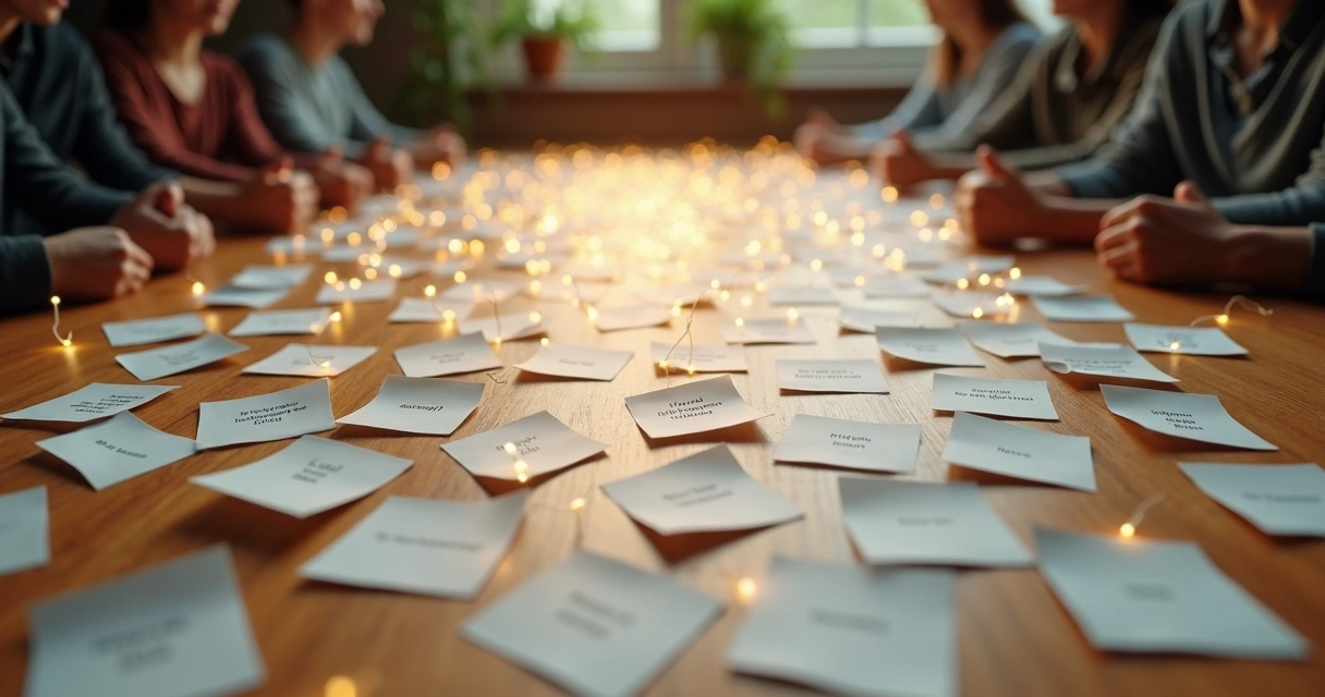 Close view of scattered phrase strips forming a glowing web on a table 