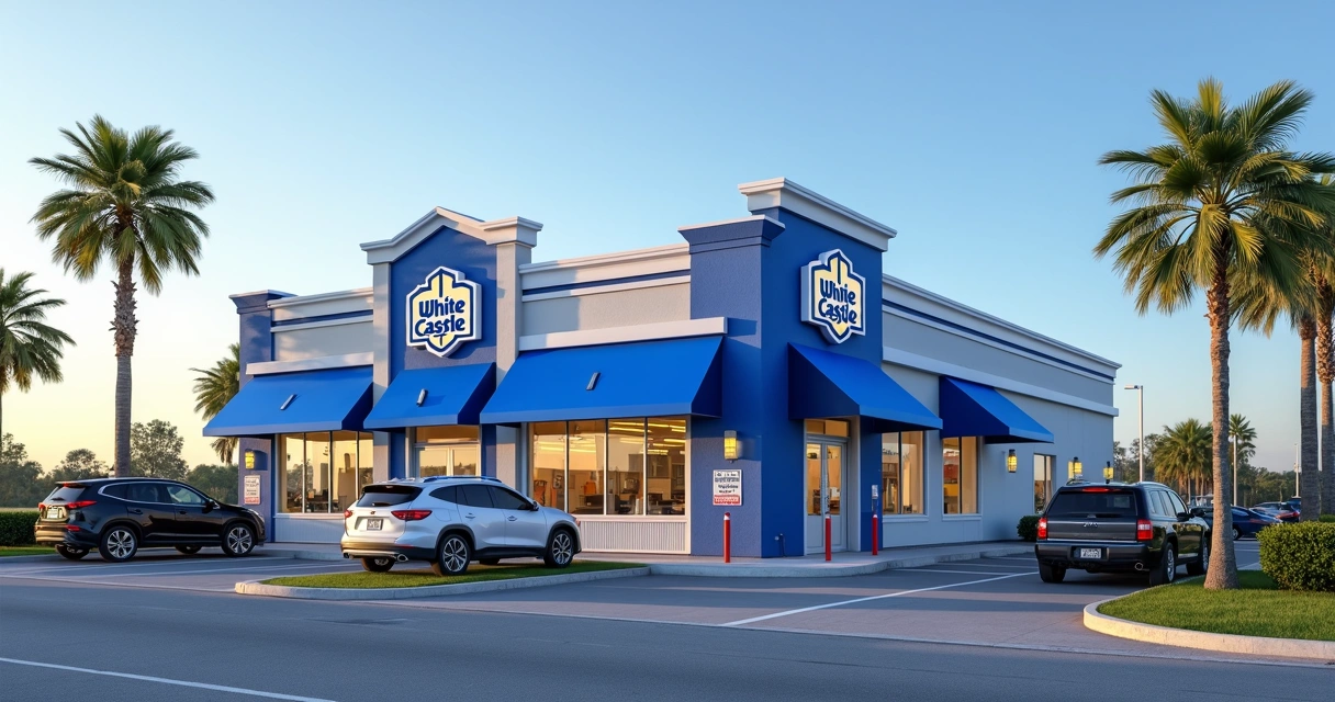 White Castle restaurante com fachada azul e branca e dois drive-thrus em Kissimmee 