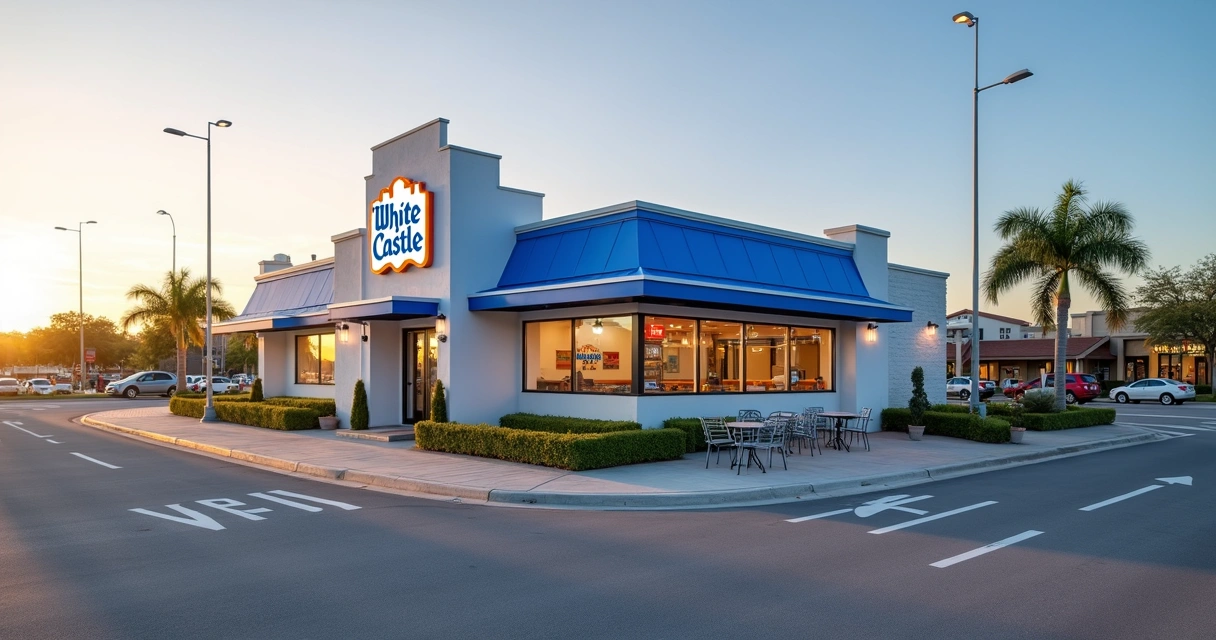 Fachada do White Castle em Kissimmee com drive-thru duplo ao amanhecer 