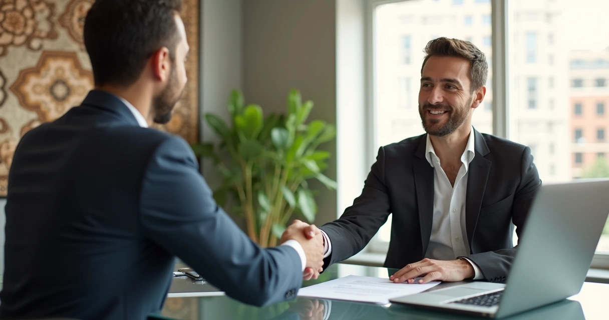Interview between manager and professional in formal office, handshake, Middle Eastern décor 