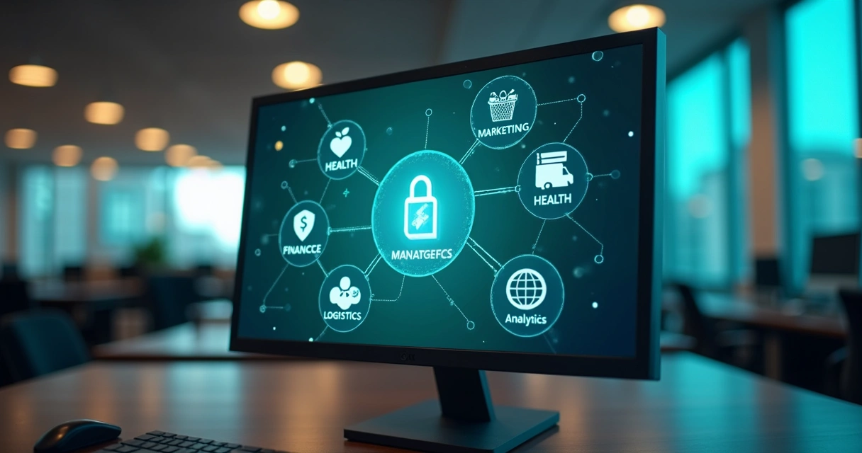 Setores empresariais representados por ícones conectados a um software central