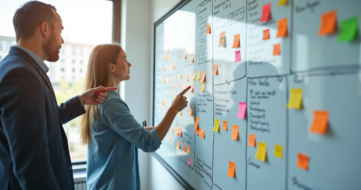 Whiteboard with web project plan and features mapped out 