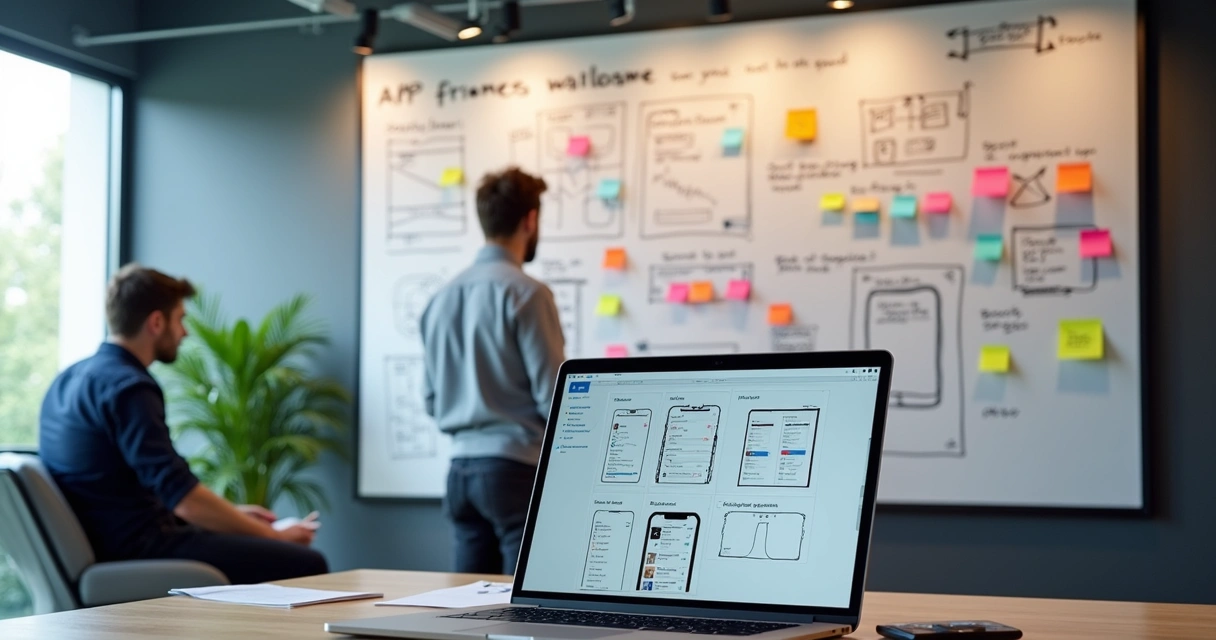 Wireframes and prototype sketches on office whiteboard 