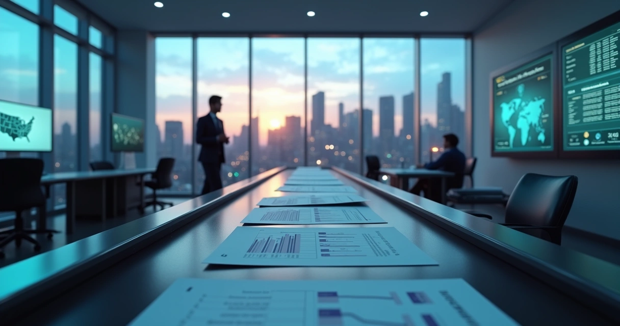 Conveyor of organized visa business plans moving toward a U.S. skyline on digital screens