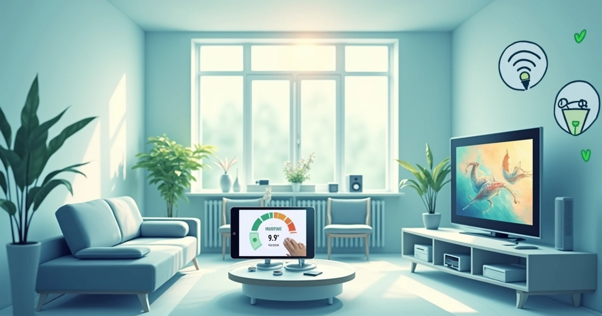 Ilustração de uma sala moderna com vários dispositivos conectados ao Wi-Fi 6.0, mostrando velocidade e eficiência energética.