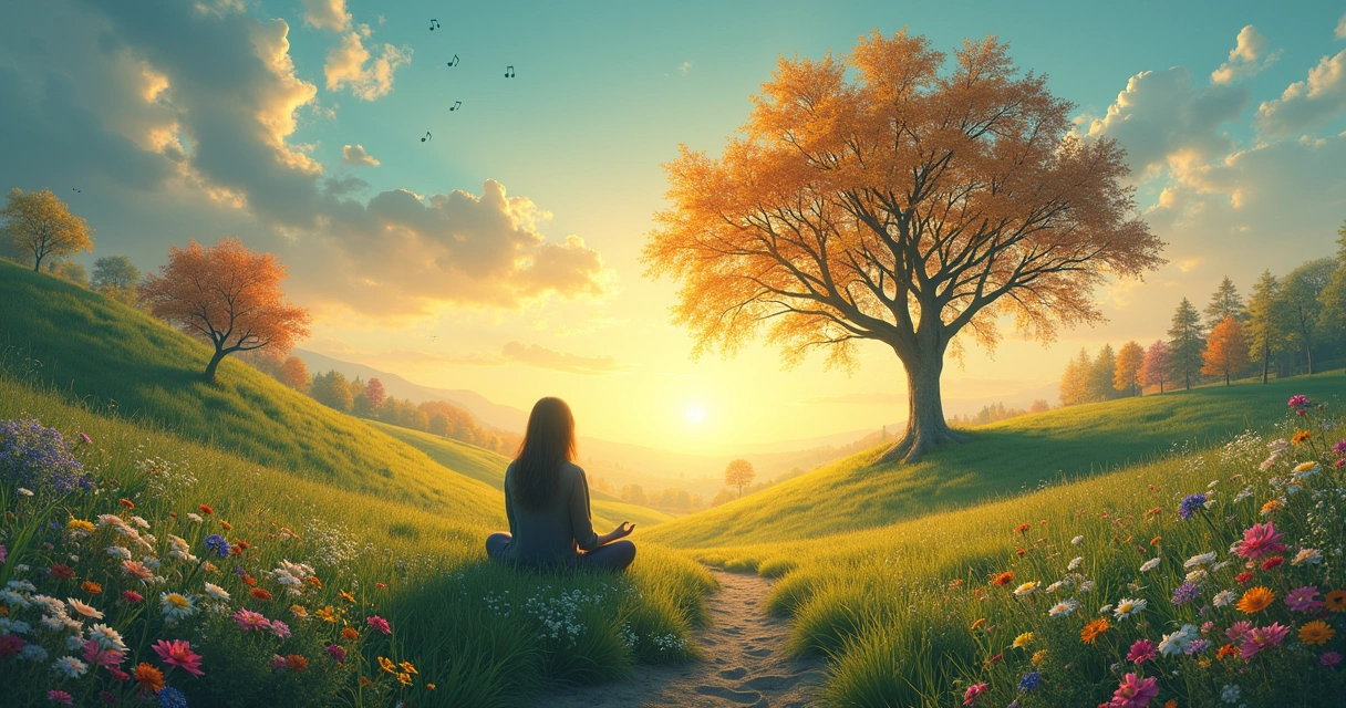 Uma figura meditando em um campo florido, simbolizando os princípios da Wicca para o autoconhecimento.