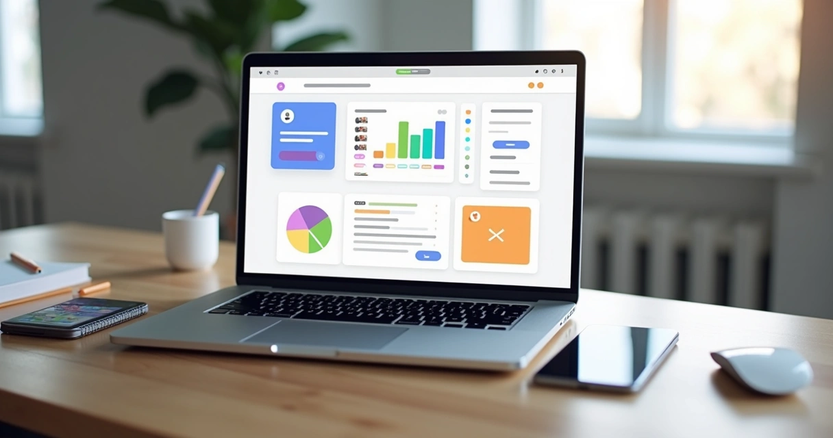 Tela de site com widgets interativos em destaque em um laptop sobre mesa de trabalho 