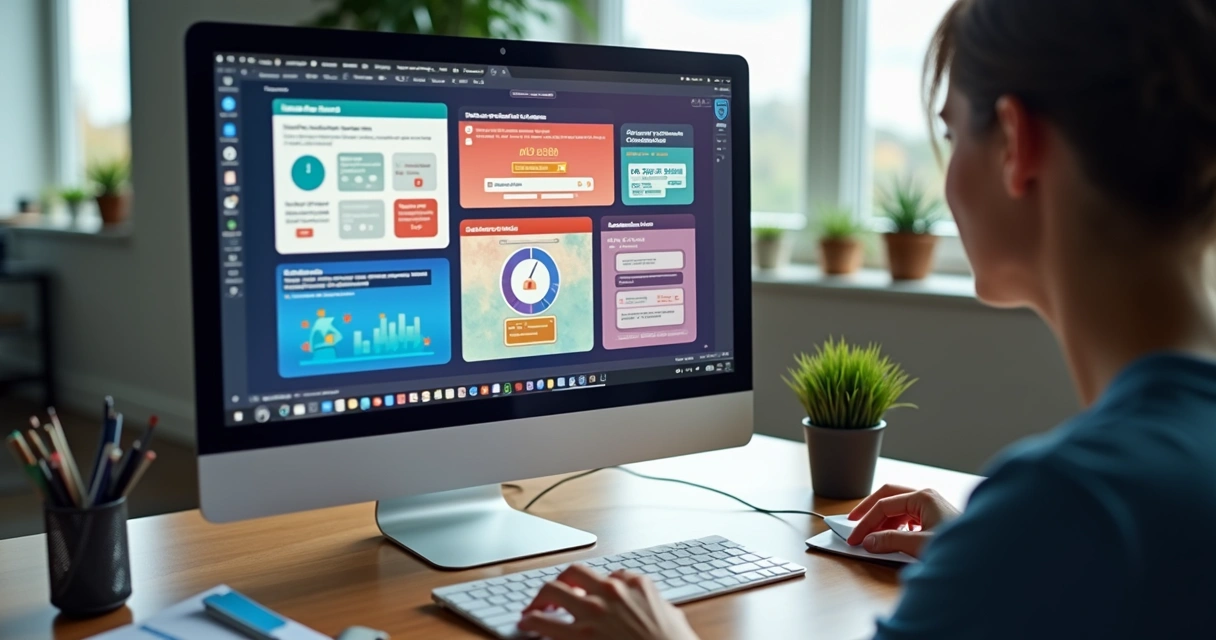 Diversos widgets coloridos exibidos em uma tela de computador 