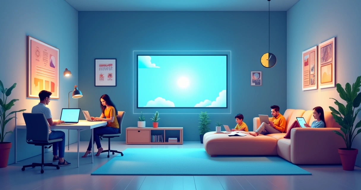 Escritório moderno com pessoas trabalhando e sala de estar com família assistindo filme, ilustrando uso do Wi-Fi 6.