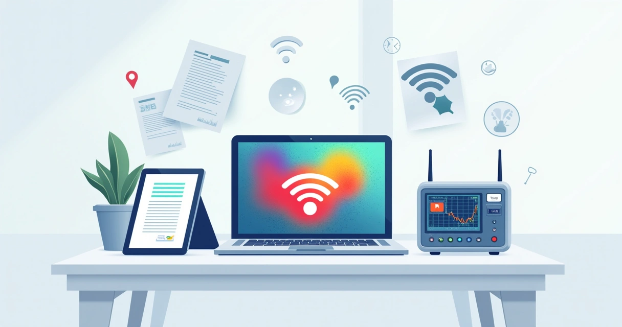 Equipamentos para análise de rede wireless em mesa de escritório 