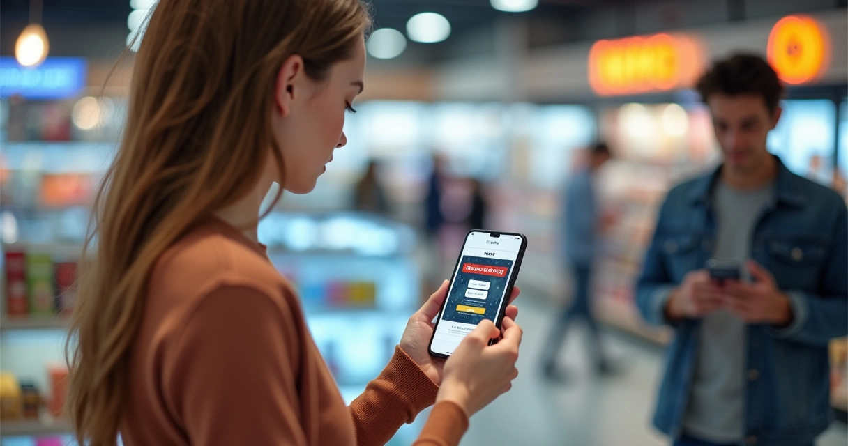 Mulher conectando-se ao Wi-Fi de uma loja pelo celular, com anúncios promocionais na tela de login 