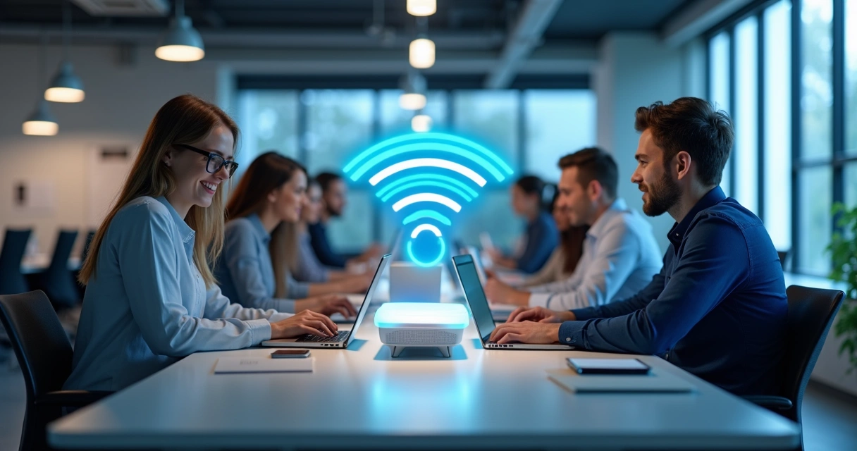 Dispositivos conectados em Wi-Fi seguro em coworking 