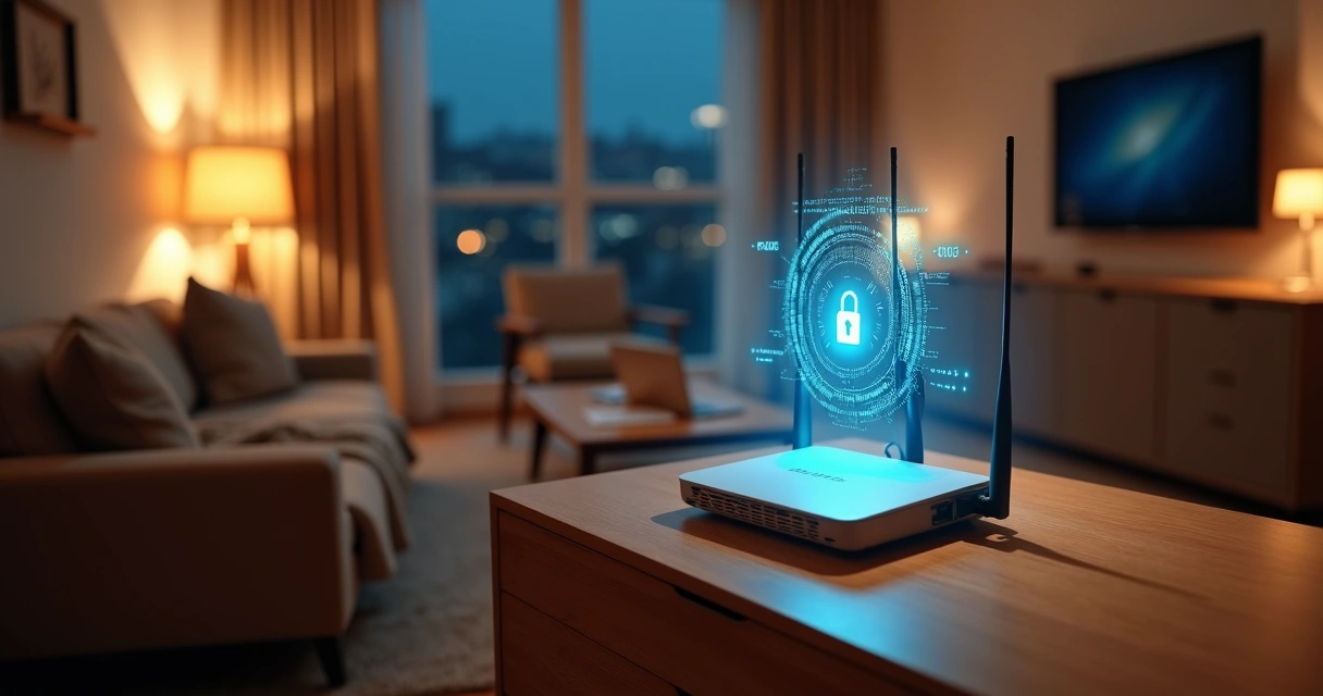 Roteador de Wi‑Fi protegido em sala de estar moderna com holograma de cadeado 