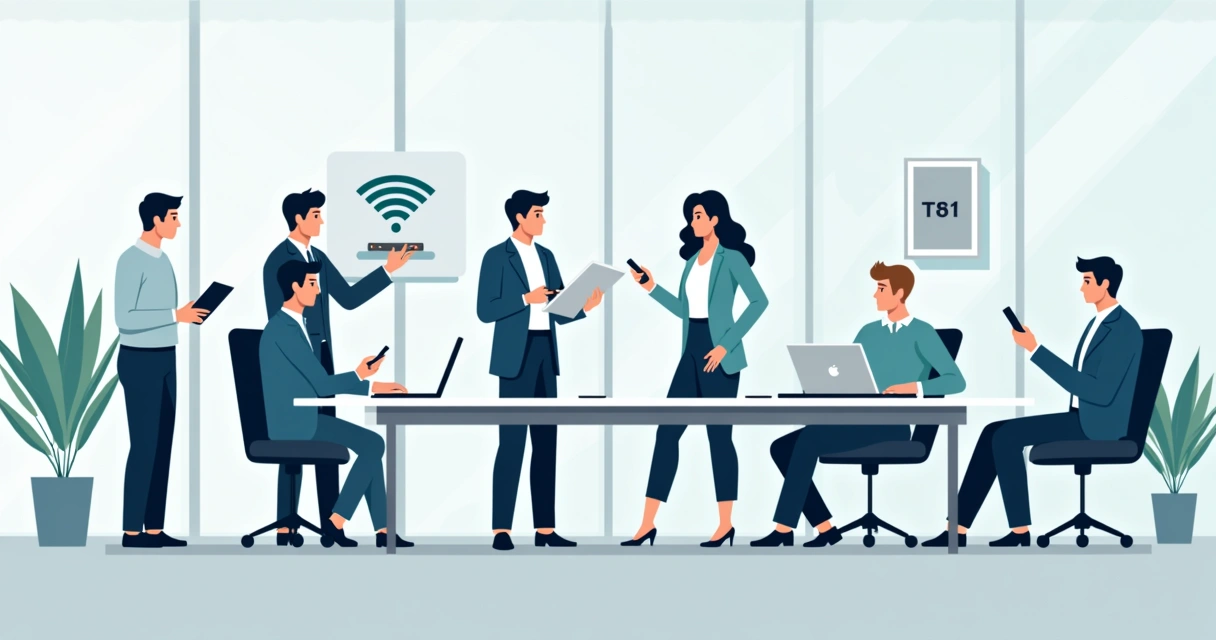 Equipe de TI reunida ajustando roteadores Wi-Fi em sala corporativa 