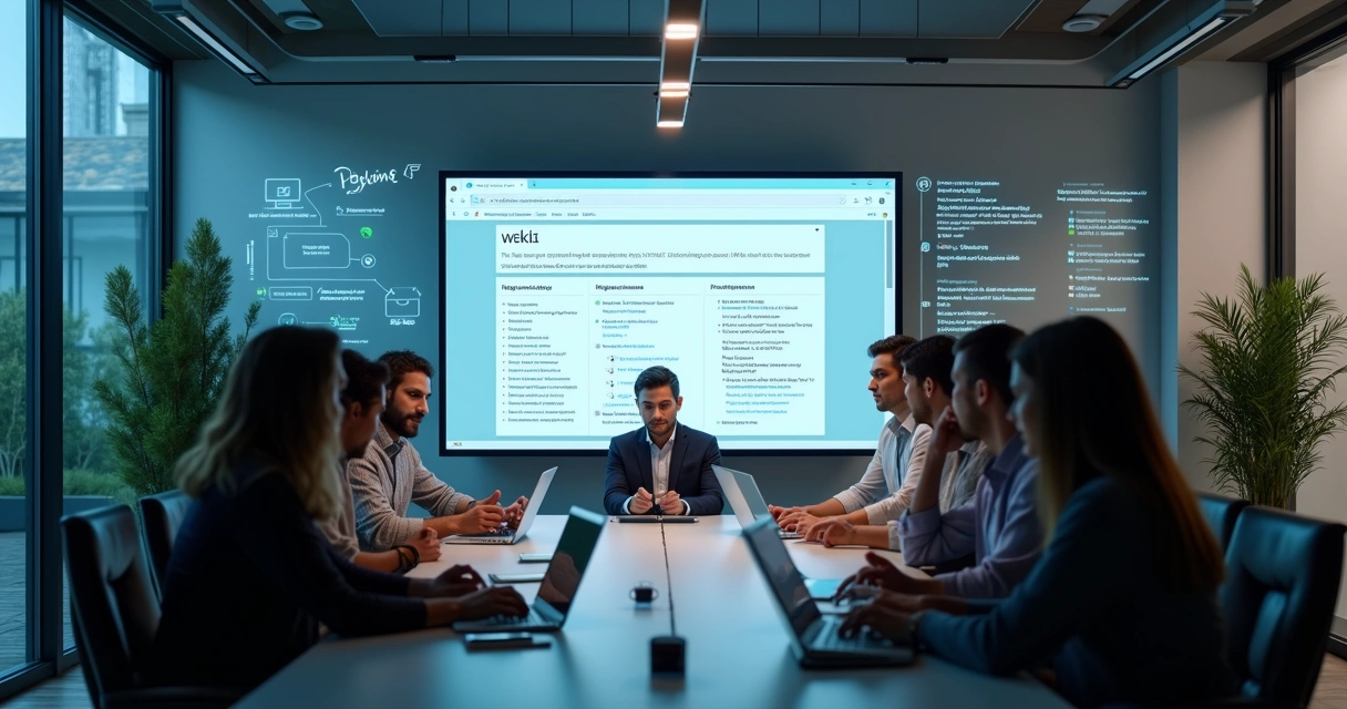 Equipe técnica e não técnica colaborando em frente a um wiki na tela de um computador