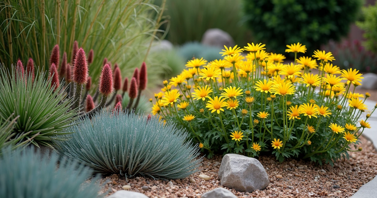 Wildflowers and ornamental grasses in Texas residential garden. 