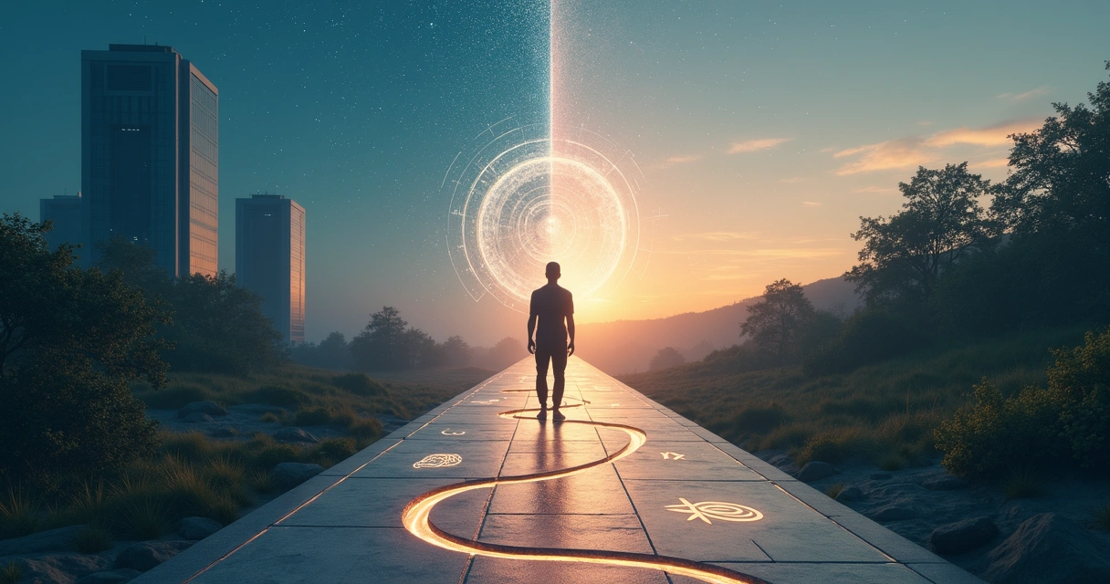 Person walking a path made of glowing choices in a split urban and natural landscape 