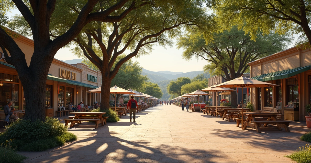 Small-town Texas square with shops and shade trees