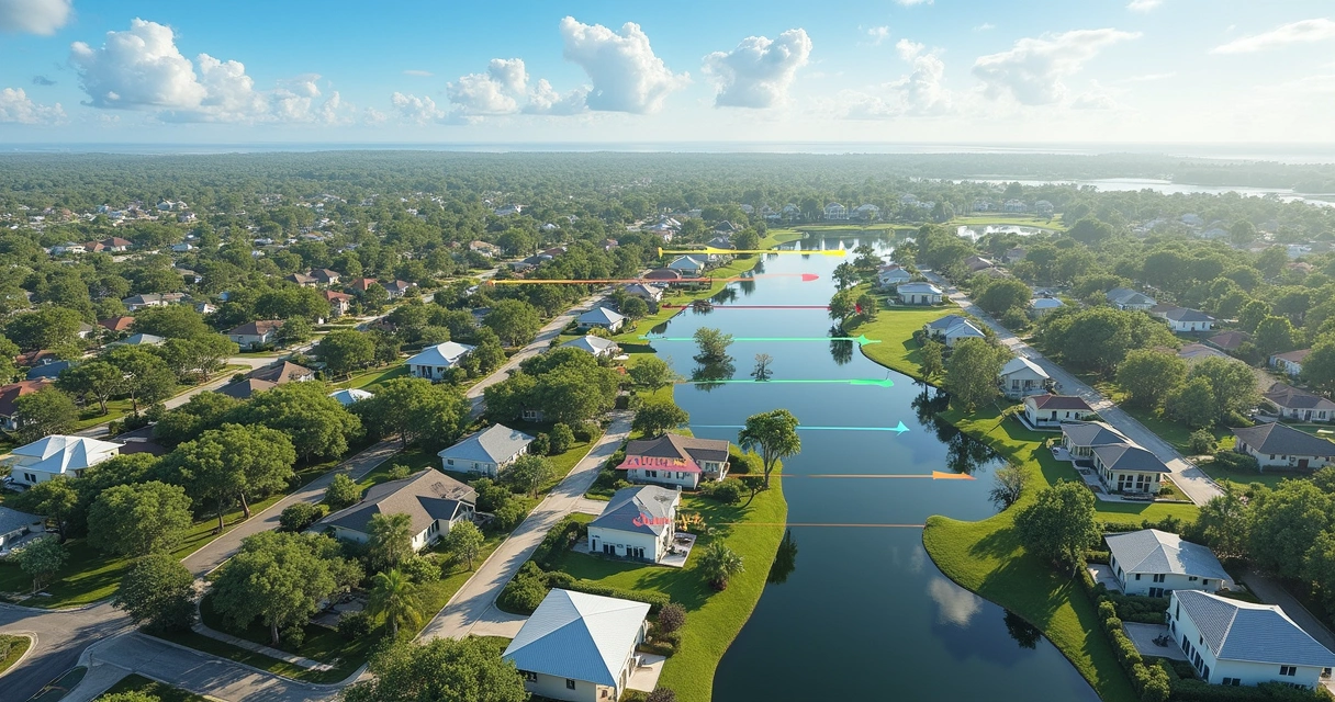 Diagram showing wind exposure zones around a Central Florida home with various obstructions 