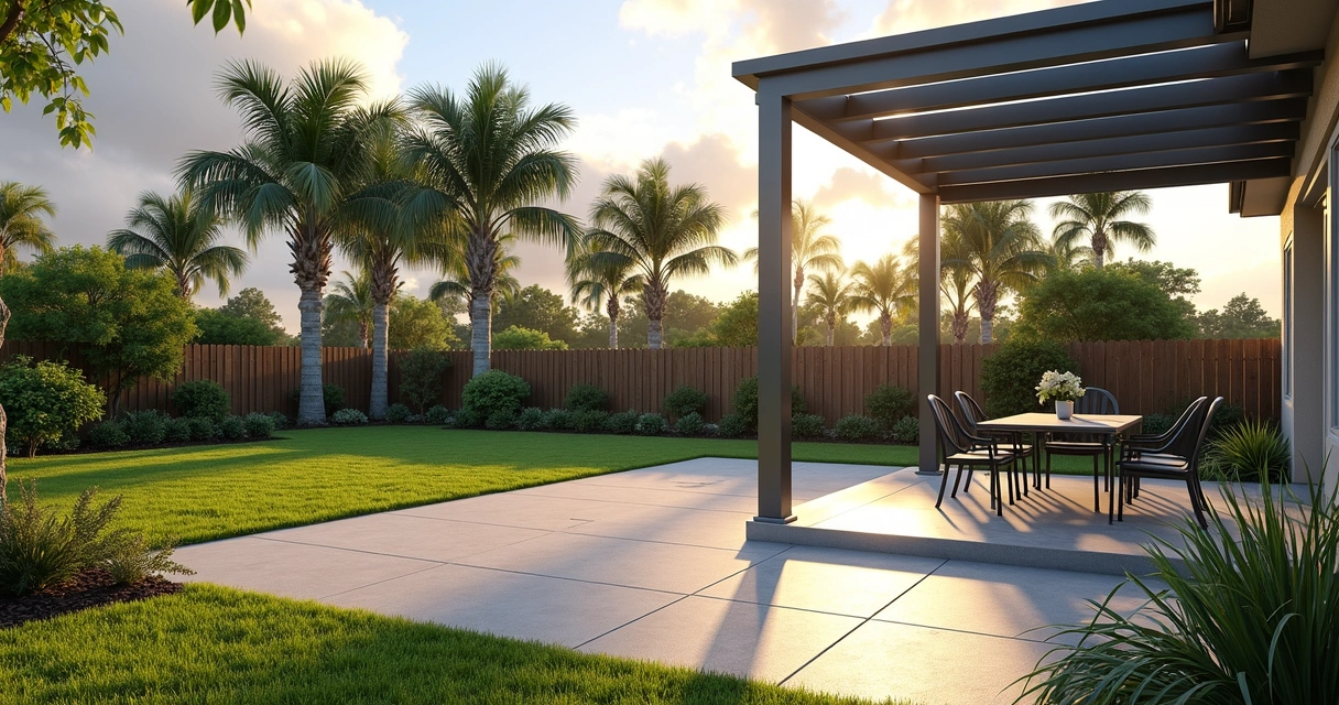Central Florida backyard patio with wind-resistant pergola and landscaping 