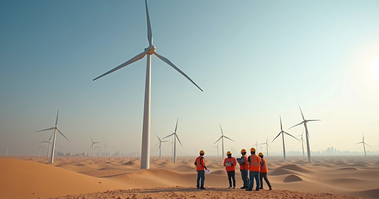 Wind turbines in Saudi desert with worker team. 