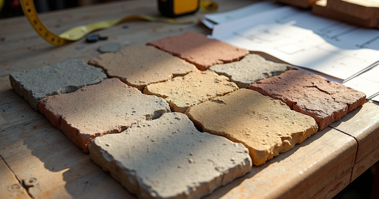 Selection of concrete, clay, and natural stone pavers for outdoor flooring 