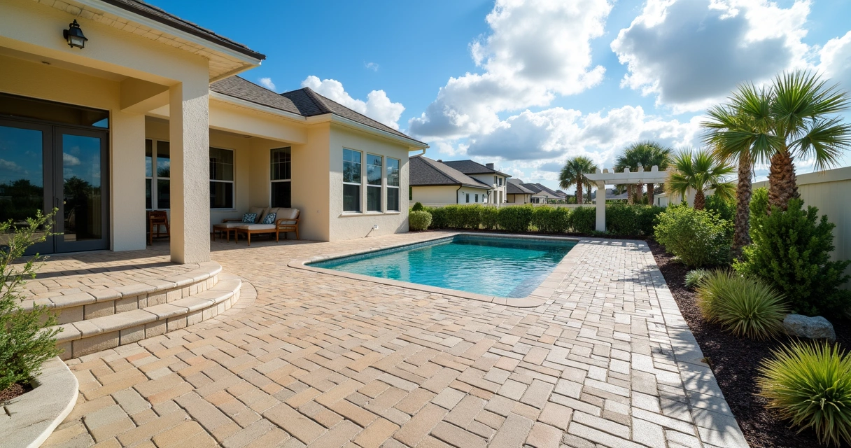 Florida backyard patio with wind-resistant concrete pavers and coastal landscaping 